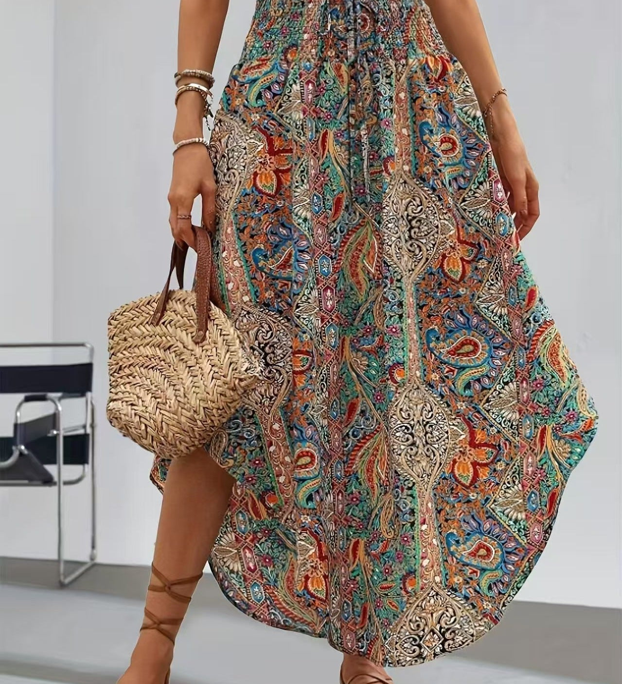 Boho High Waist Maxi Skirt with Paisley Print and Asymmetric Hem