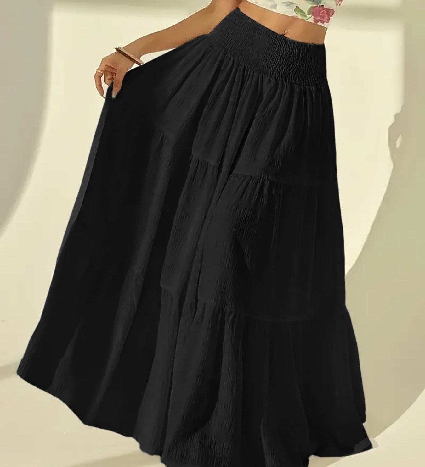 Boho High Waist Tiered Maxi Skirt with Smocked Waistband
