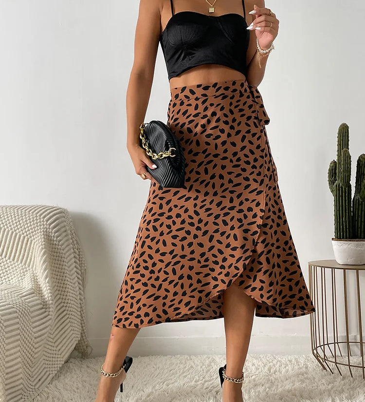 Bold High Waist Leopard Print Midi Skirt with Tie Waist