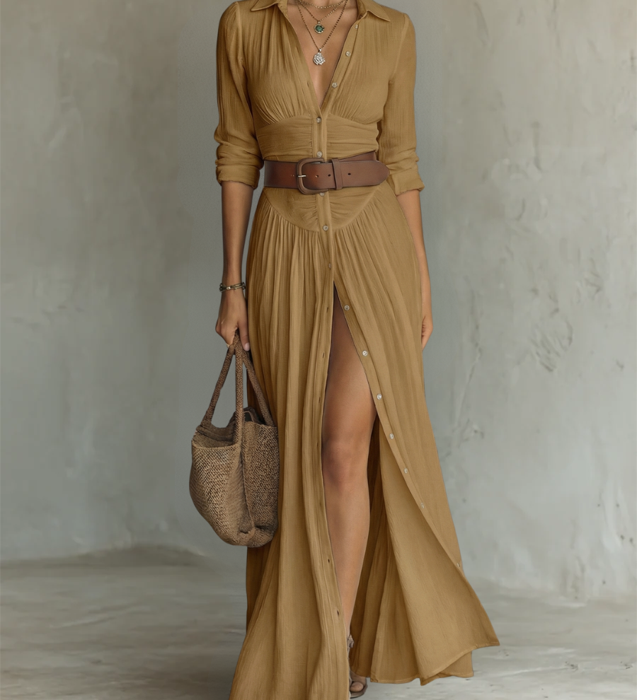 Linen Maxi Dress with Notch Collar and Long Sleeves