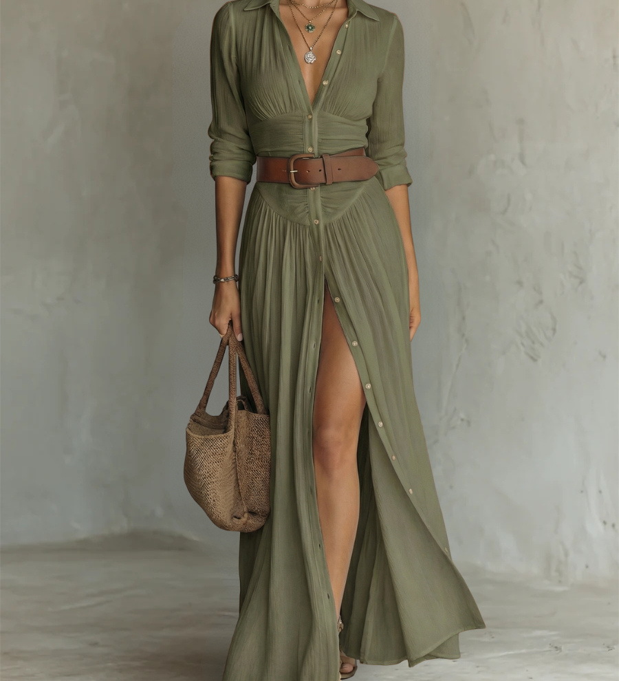 Linen Maxi Dress with Notch Collar and Long Sleeves