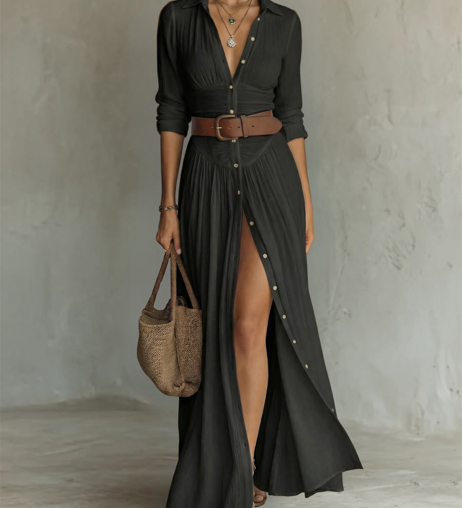 Linen Maxi Dress with Notch Collar and Long Sleeves
