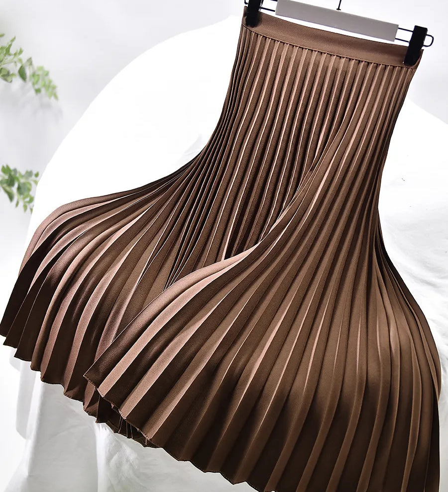 Elegant High Waist Pleated Midi Skirt with Elasticated Waistband