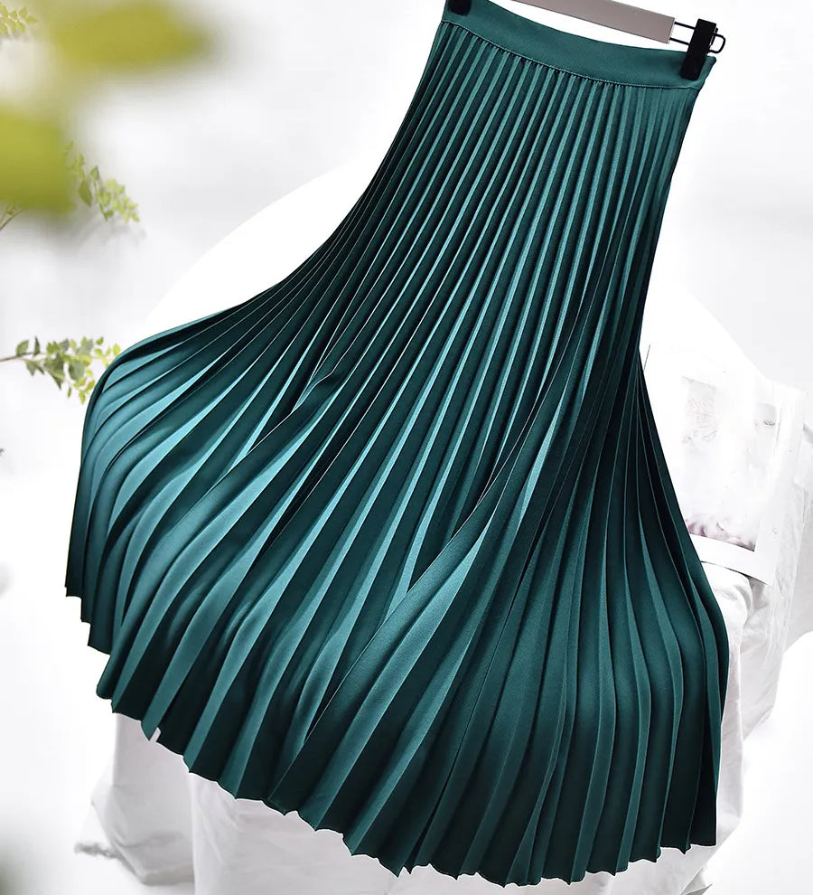 Elegant High Waist Pleated Midi Skirt with Elasticated Waistband