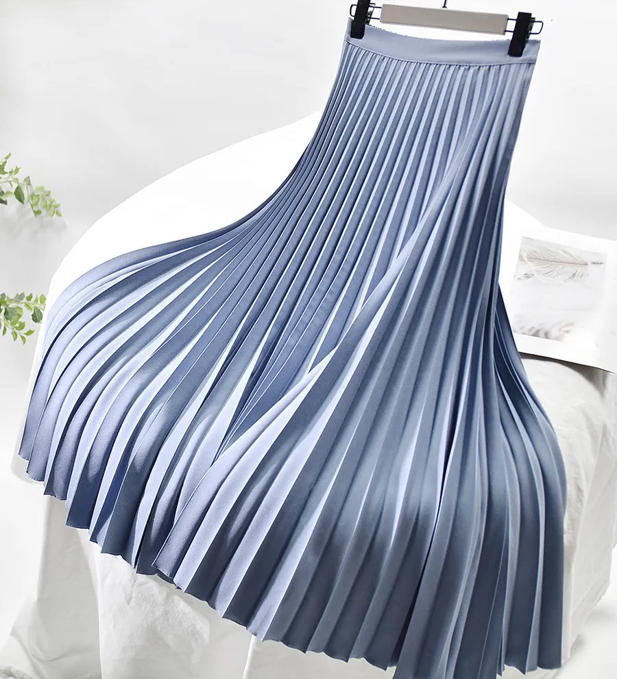 Elegant High Waist Pleated Midi Skirt with Elasticated Waistband