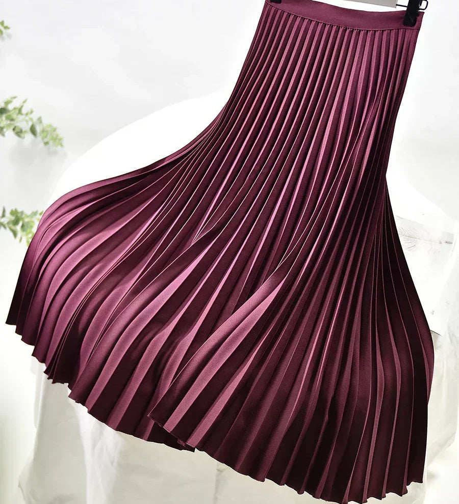 Elegant High Waist Pleated Midi Skirt with Elasticated Waistband