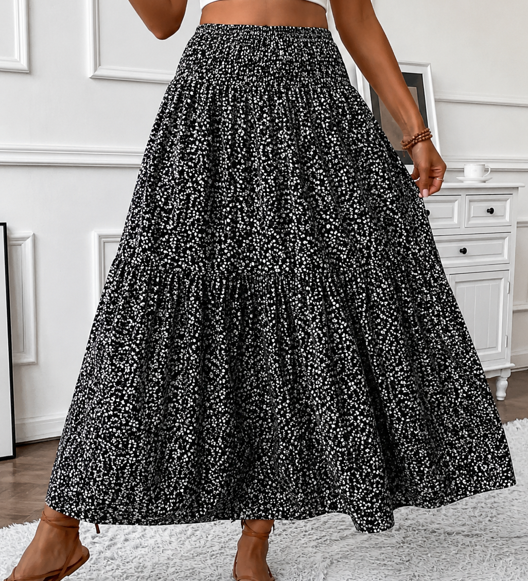 Flowy Ditsy Floral Maxi Skirt with Elasticated High Waist