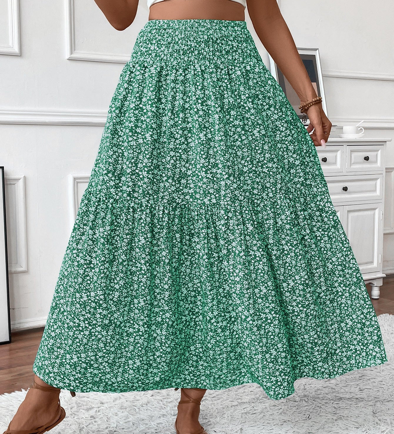 Flowy Ditsy Floral Maxi Skirt with Elasticated High Waist