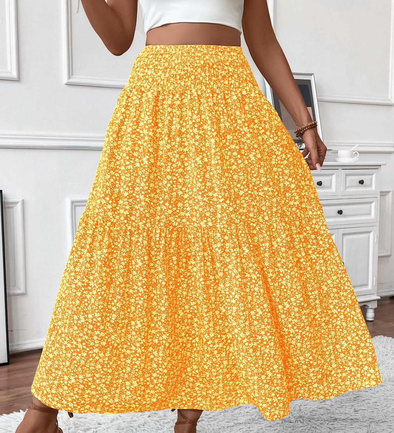 Flowy Ditsy Floral Maxi Skirt with Elasticated High Waist