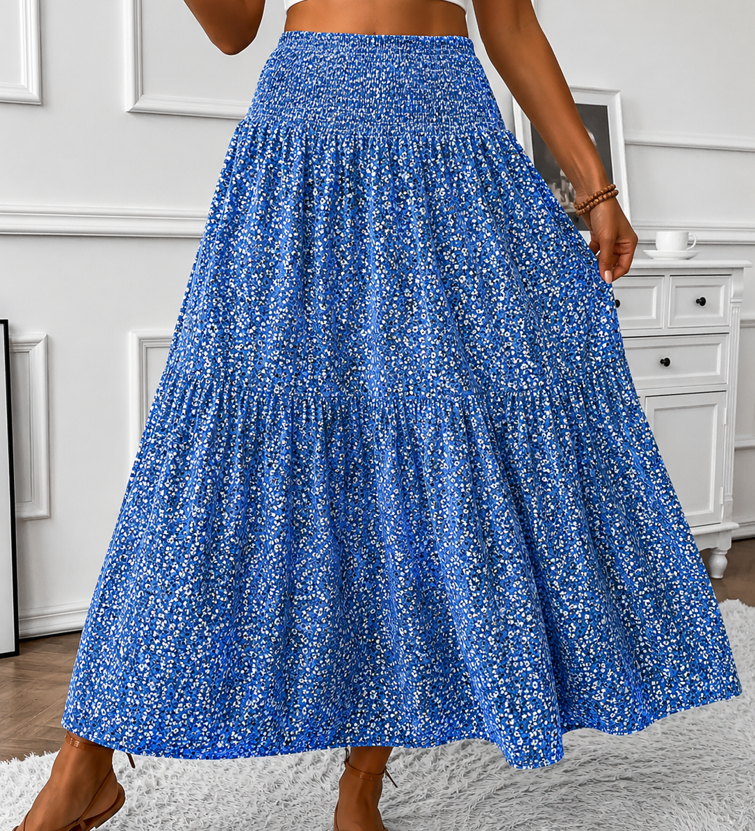 Flowy Ditsy Floral Maxi Skirt with Elasticated High Waist