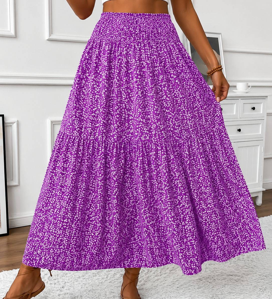 Flowy Ditsy Floral Maxi Skirt with Elasticated High Waist