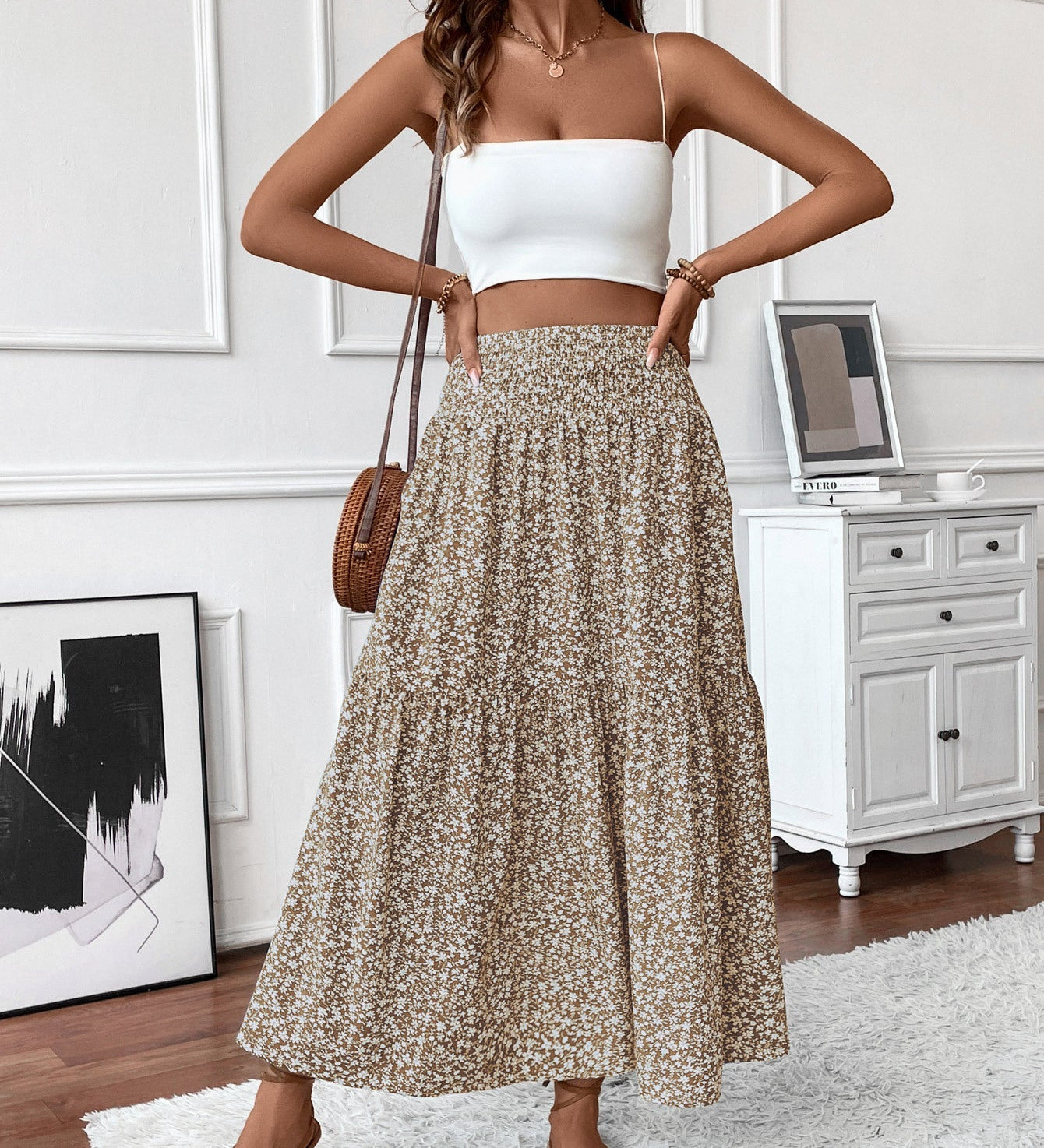Flowy Ditsy Floral Maxi Skirt with Elasticated High Waist
