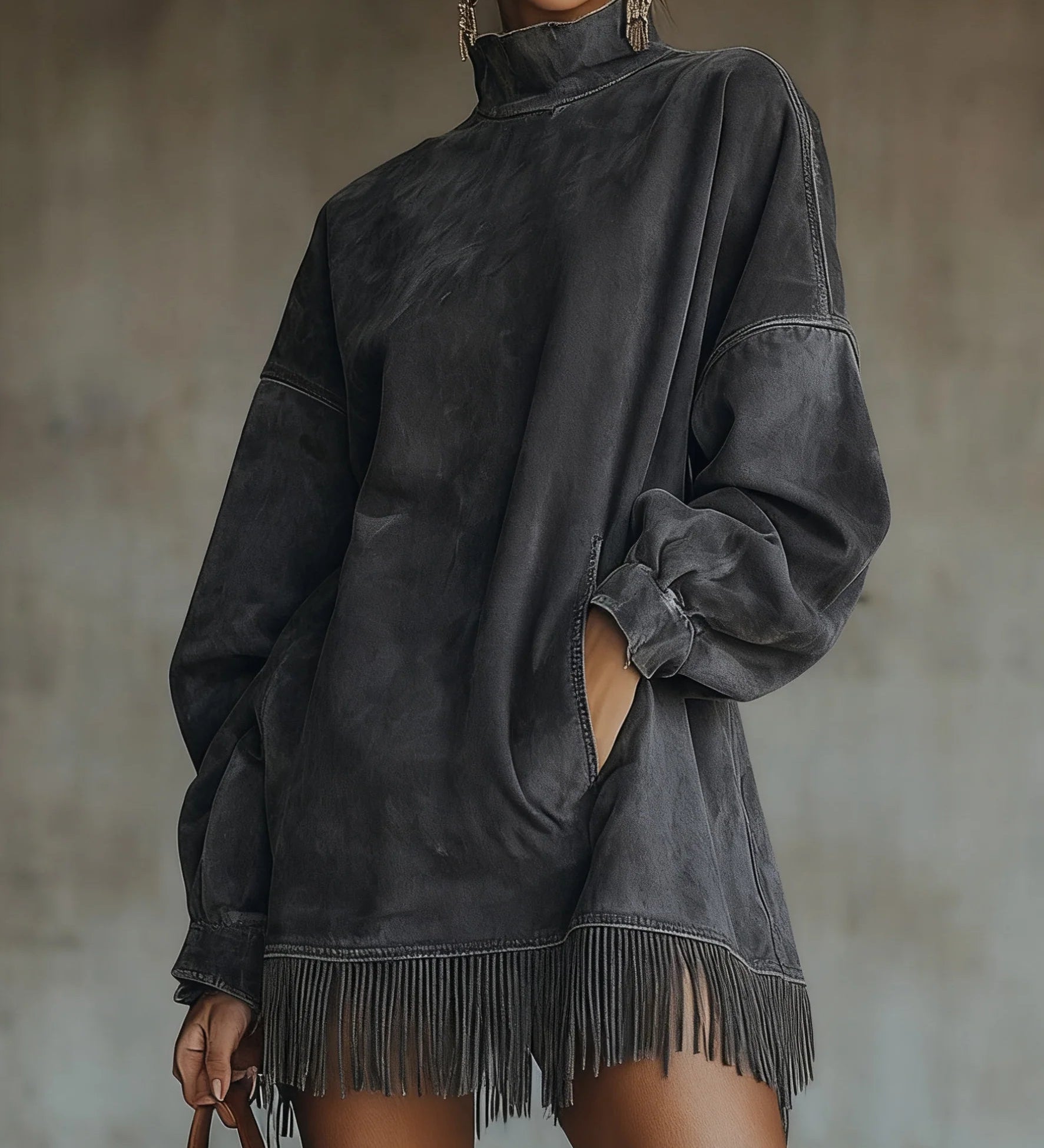 Amalia | Dress with High Collar and Fringes