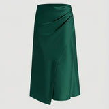 Satin Midi Skirt with Wrap Front and Split Hem