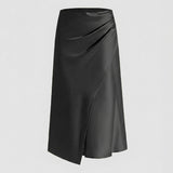 Satin Midi Skirt with Wrap Front and Split Hem