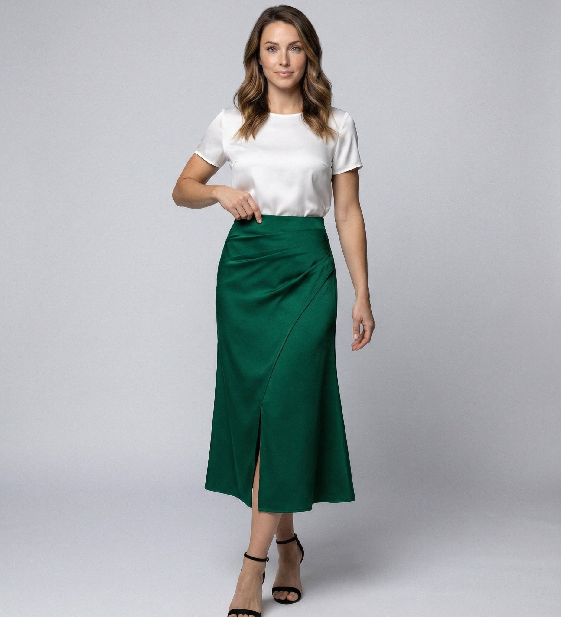 Satin Midi Skirt with Wrap Front and Split Hem