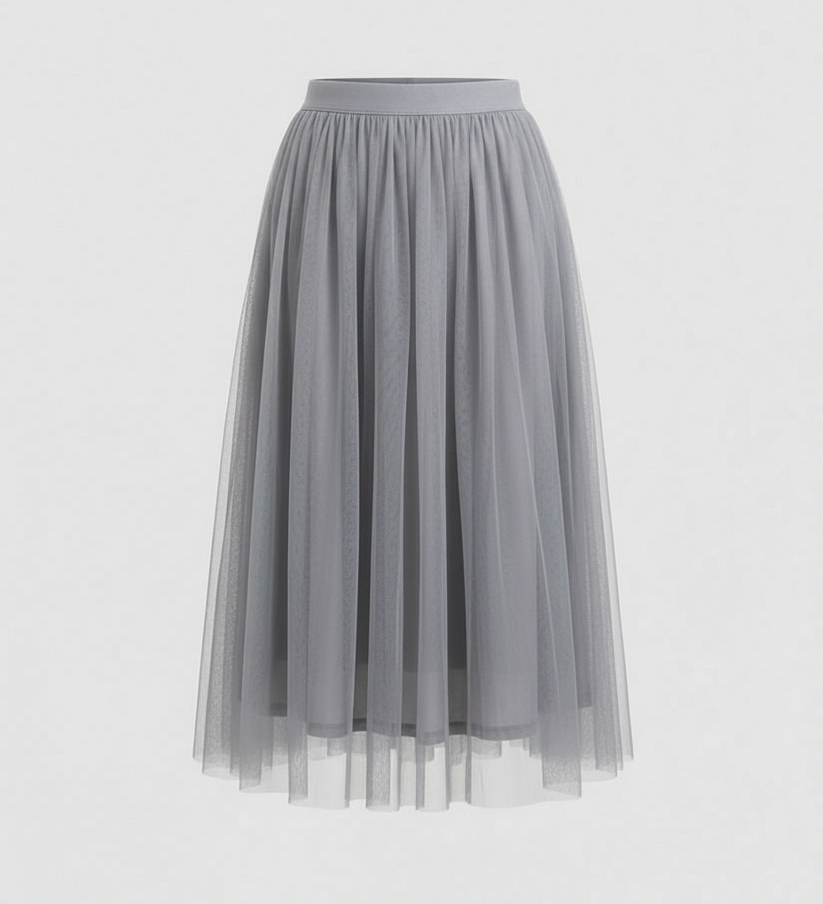 Tulle Midi Skirt with Full Layered A-Line Silhouette and Elasticated Waist