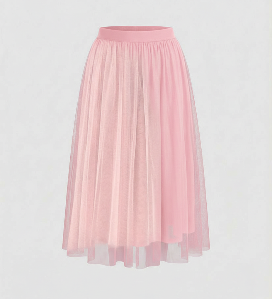 Tulle Midi Skirt with Full Layered A-Line Silhouette and Elasticated Waist