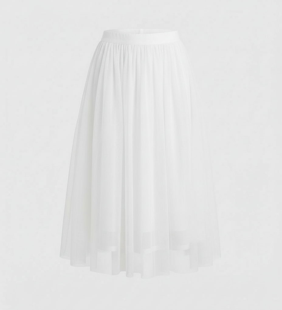 Tulle Midi Skirt with Full Layered A-Line Silhouette and Elasticated Waist
