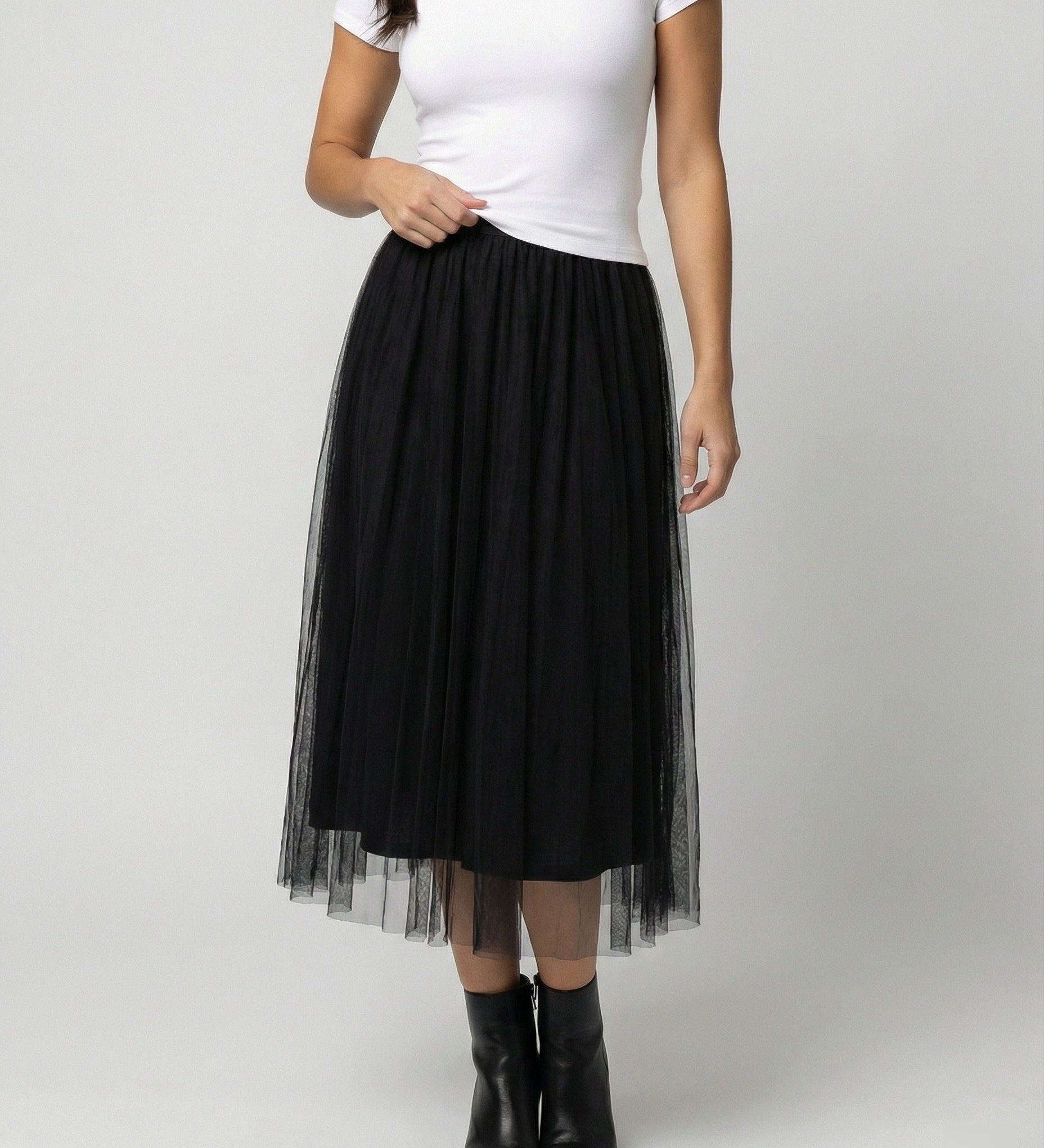 Tulle Midi Skirt with Full Layered A-Line Silhouette and Elasticated Waist
