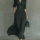 Elvira | Pleated Lapel-Collar Maxi Dress