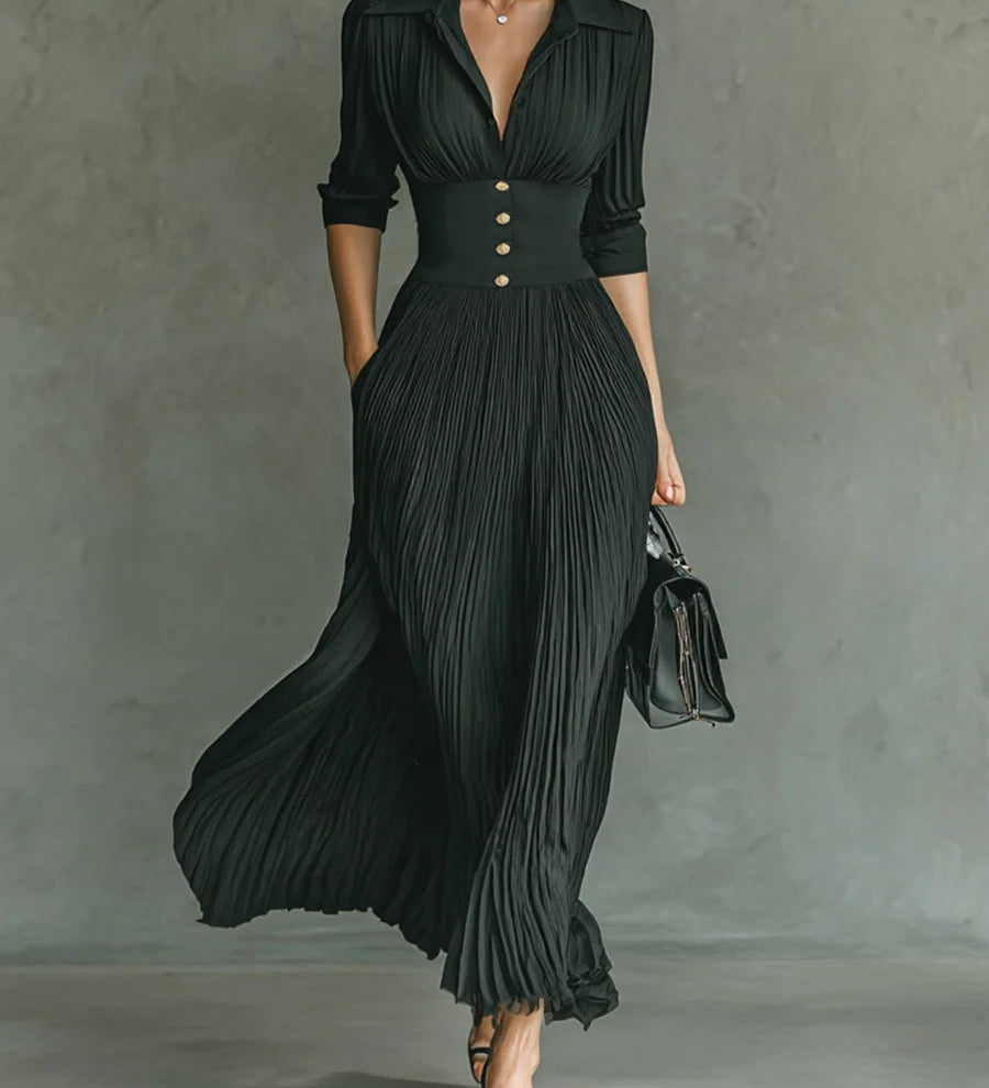 Elvira | Pleated Lapel-Collar Maxi Dress