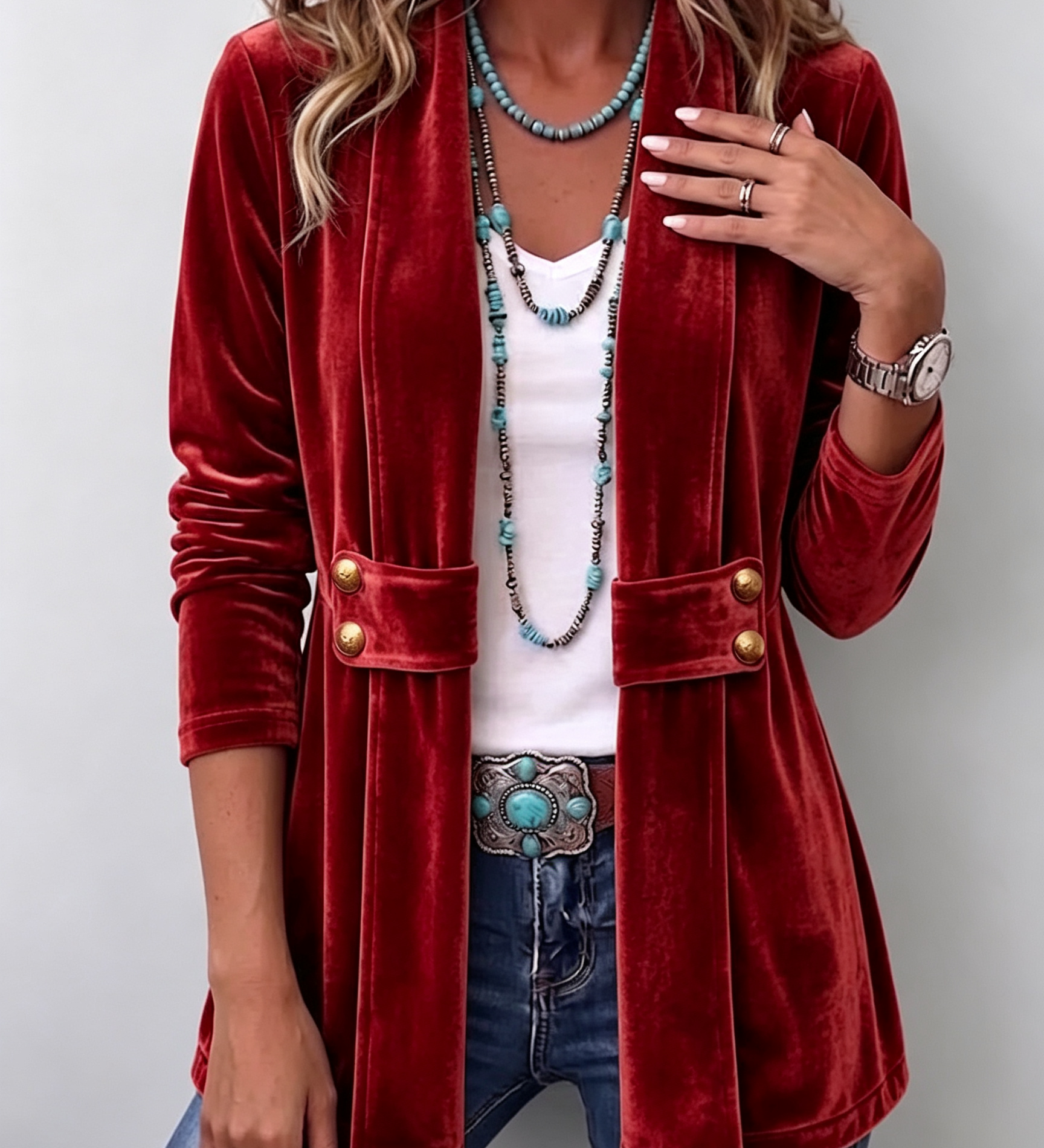 Avery | Rust Velvet Open-Front Jacket